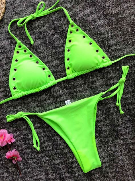 Sexy Thong Bikini Swimwear Neon Halter Grommets Triangle Bikini
