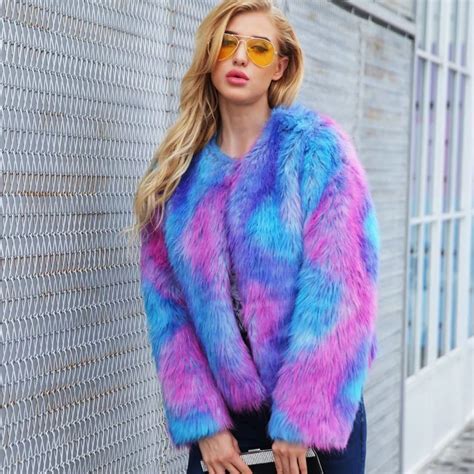 Gtgyff Winter Multicolor Rainbow Long Sleeve Faux Fur Jacket Coat For