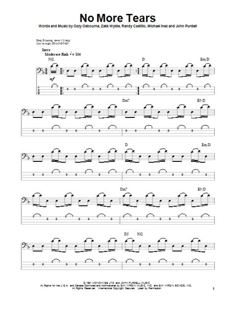 No More Tears Sheet Music Ozzy Osbourne Bass Guitar Tab