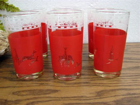 Vintage Mcm Tumblers Libbey Reindeer Pine Branch Pinecone Drinking Glasses Set 6 Moose R Us