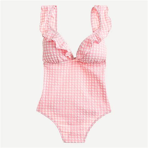Jcrew Ruffle Plunging V Neck One Piece Swimsuit In Puckered Gingham
