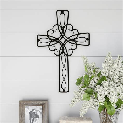 Metal Wall Cross With Decorative Floral Scroll Design Rustic