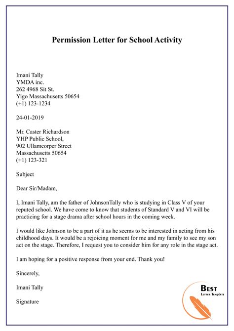 Permission letters are a formal way of informing our superiors or any other concerned party of our plans if they will affect them. Permission Letter Template For School - Format, Sample ...