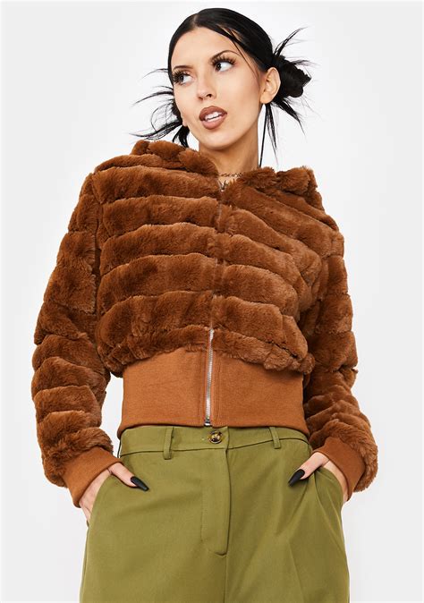 faux fur cropped hoodie jacket brown dolls kill