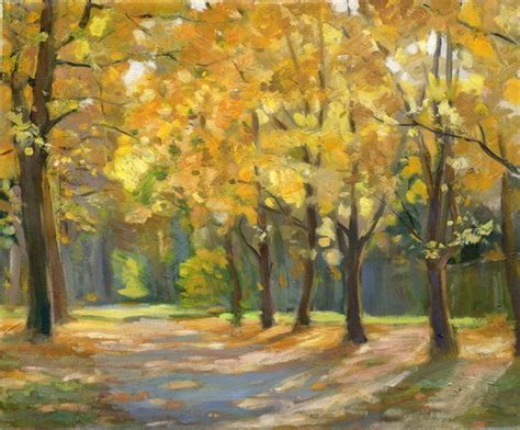 An Oil Painting Of Trees With Yellow Leaves