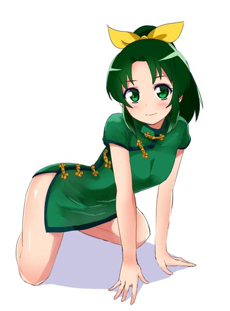 Safebooru 1girl All Fours Artist Request China Dress Chinese Clothes Dress Green Eyes Green