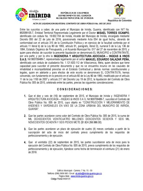 Acta De Liquidacion Bilateral Contrato De Obra 005 De 2015doc