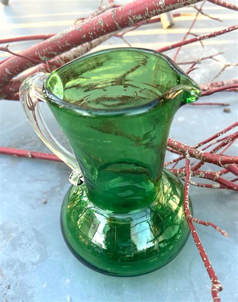 Vintage Green Glass Pitcher With Clear Handle Christmas Etsy