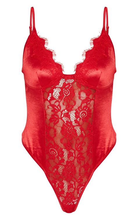 Red Satin Lace Insert Body Lingerie Prettylittlething