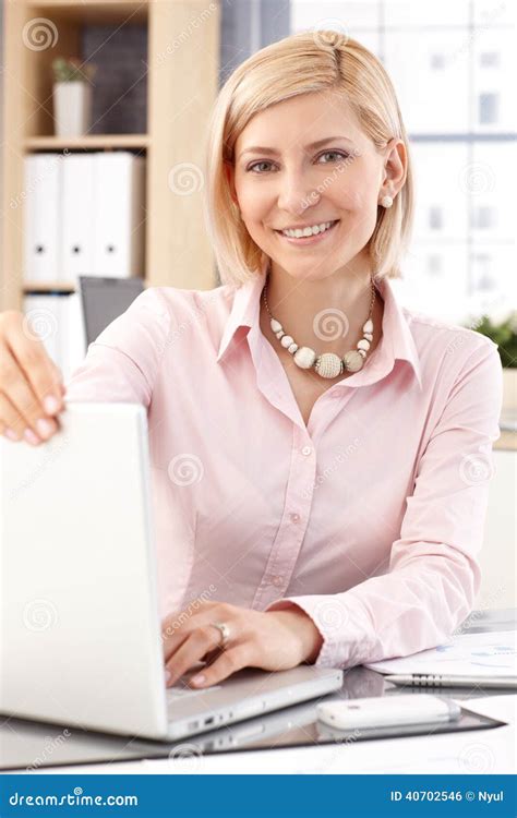 Happy Female Office Worker With Laptop Computer Stock Photo Image Of