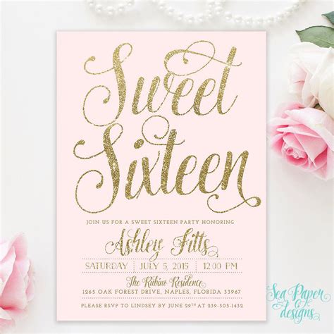 Blush Pink And Gold Glitter Girl Sweet Sixteen 16th Birthday Invitation