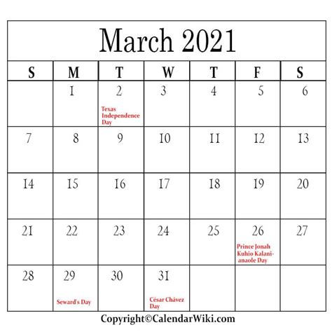 March 2021 Calendar With Holidays March Holidays 2021