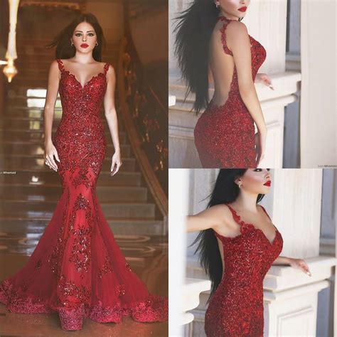 Dark Red Prom Dresses Arabic Style Said Mhamad Mermaid Evening Gowns