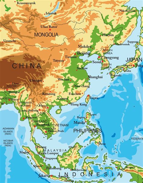 A Map Of Asia Showing The Landforms And Major Cities In Different