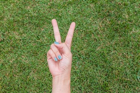 Premium Photo Woman Hand Holding Up The Peace Sign Or Number Two With Two Fingers On Green Grass