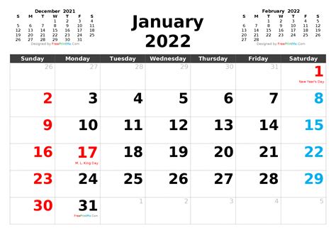 Free Printable January 2022 Calendar Pdf Png Image