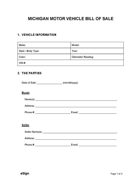 Free Michigan Motor Vehicle Bill Of Sale Form Pdf Word