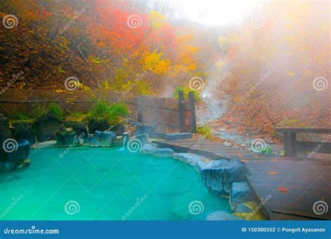 Japanese Hot Springs Onsen Natural Bath Surrounded By Red Yellow Leaves