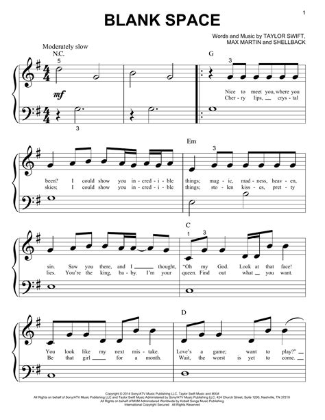 Blank Space Sheet Music Taylor Swift Big Note Piano