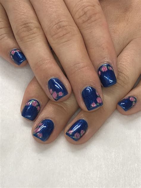 Royal Blue And Spring Roses Gel Nails Blue Nail Designs Gel Nail