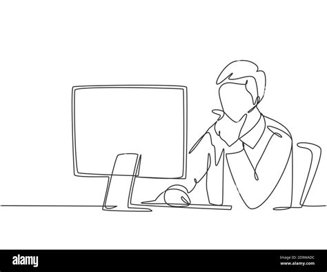 One Single Line Drawing Young Startup Ceo Sitting In Front Of Computer