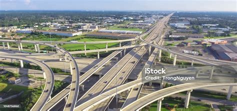 Panoramic Top View Fivelevel Stack Expressway Viaduct In Houston Texas
