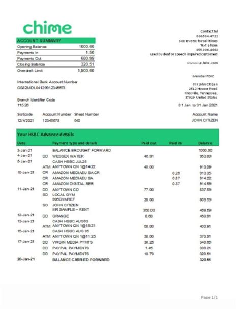 Usa San Francisco Chime Bank Statement Template In Excel And Pdf Format Webchinh To