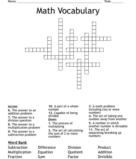 Math Vocabulary Crossword Wordmint