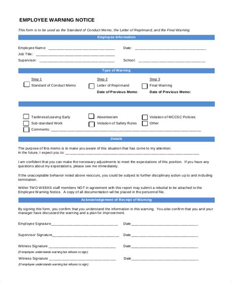 Free Restaurant Employee Write Up Forms In Pdf Employee Warning Notice Download Free