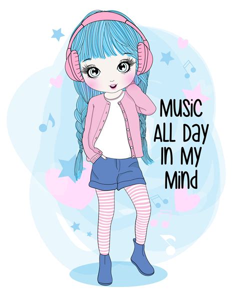 Hand Drawn Cute Girl Wearing Headphones With Typography 675943 Vector