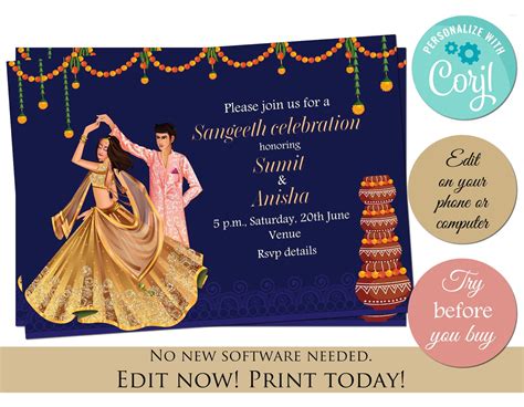 Sangeet Invitation Editable Template Instant Download Mehndi Etsy