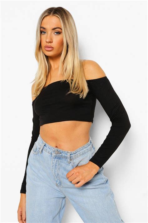Boohoo Womens Cara Long Sleeve Bardot Crop Top Ebay