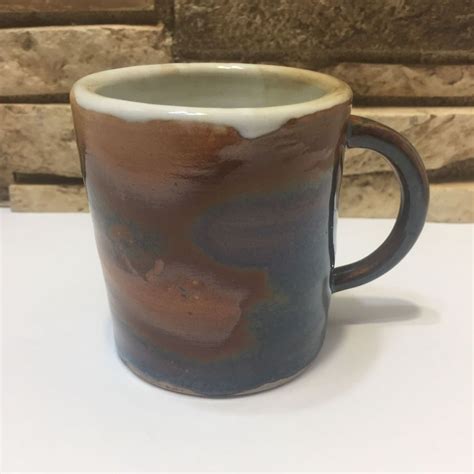 Glazed Pottery Coffee Mug Brown Blue Tones Rustic Hand Thrown OOAK 2004