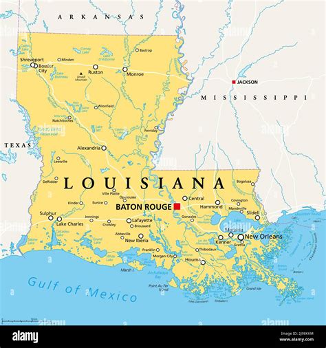 louisiana la mapa político con la capital baton rouge y el área metropolitana de nueva