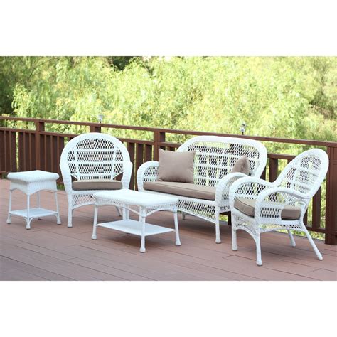 5 Piece White Wicker Outdoor Furniture Patio Conversation Set Tan Cushions