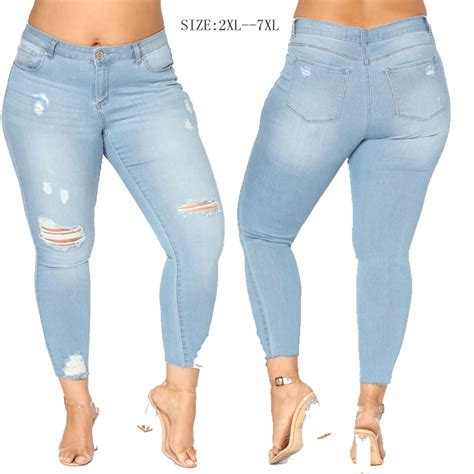 PLUS SIZE Jeans Women High Waist Skinny Pencil Blue Denim Pants Women Zipper Stretch Washed
