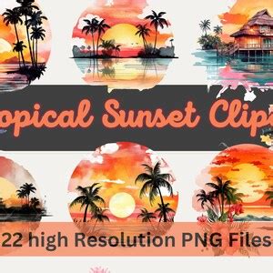 Tropical Sunsets Watercolor Clipart PNG Sublimation For Commercial Use