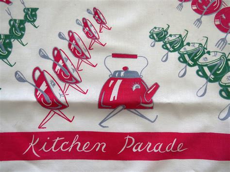 1950s Startex Kitchen Parade Towel Red Anthropomorphic Tea Cups