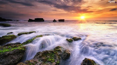 Sea Indonesia Great Sunsets Clouds Rocks Bali Island Beautiful