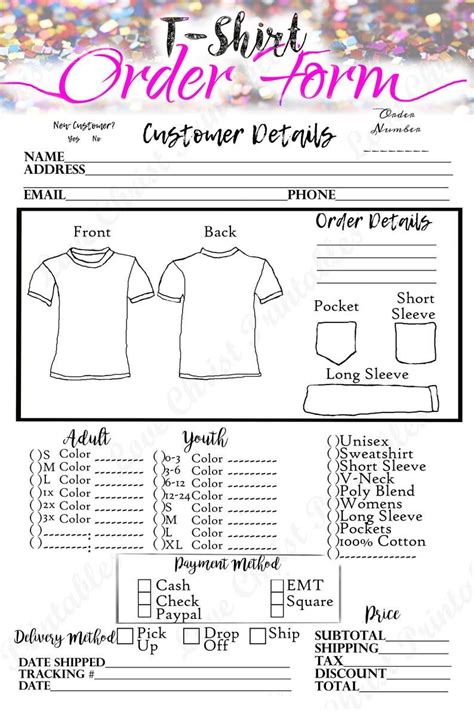 Small Business Launch Planner Shirt Order Form T Shirt Order Form Craft Order Form Order