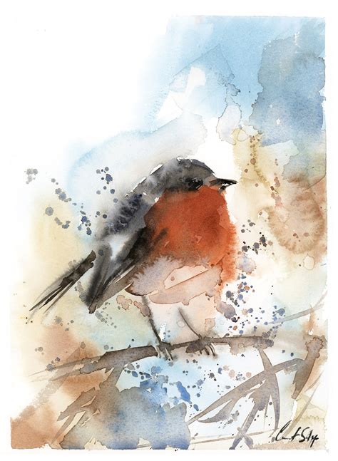 Robin Bird Original Watercolor Painting 85x11 Inches Loose Style
