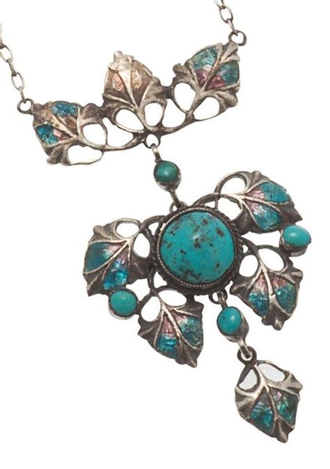An Art Nouveau Silver Enamel And Turquoise Set Necklace The Silver