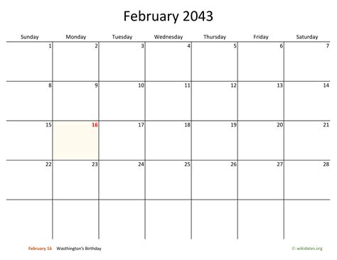 February 2043 Calendar With Bigger Boxes