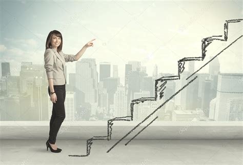Business Woman Climbing Up On Hand Drawn Staircase Concept Stock Photo