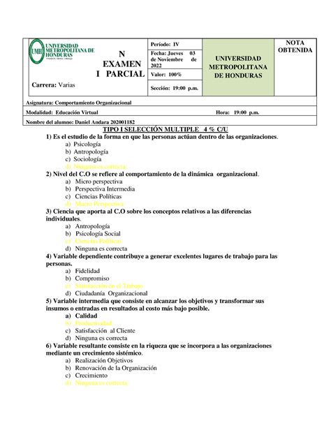 Examen Final Daniel Andara Asignatura Comportamiento Organizacional N Examen I Parcial