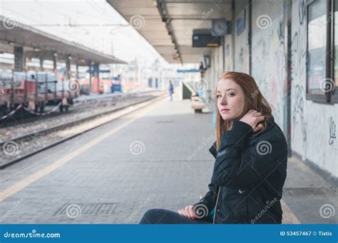 Beautiful Girl Posing In A Railroad Station Stock Image Image Of Beautiful Hair