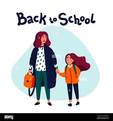 Back To School Mother And Daughter Walking To School Flat Style