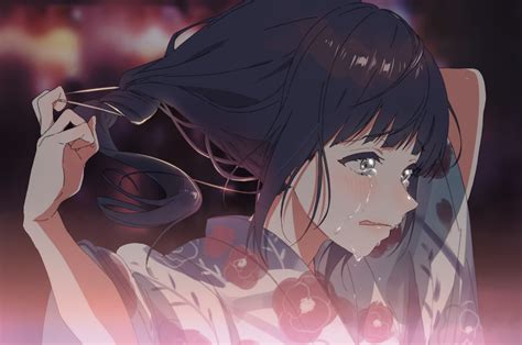 Wallpaper Tears Crying Sadness Ponytail Anime Girl Kimono