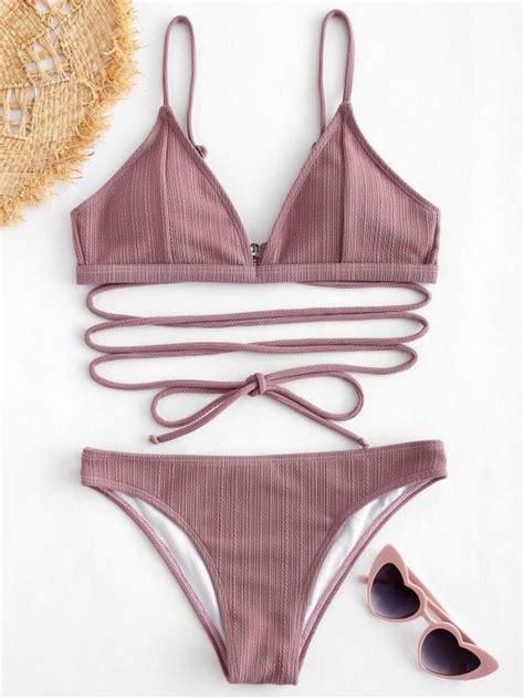 [30 off] 2021 zaful tie ribbed bikini set in wisteria purple zaful
