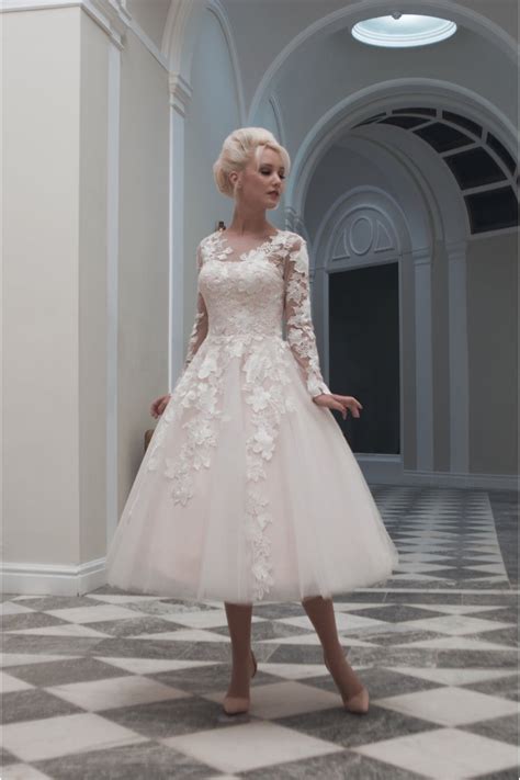 Sarah wedding dress with illusion long sleeves from alessandra rinaudo bridal 2015. House of Mooshki Charlotte Tea Calf Length Short Lace ...